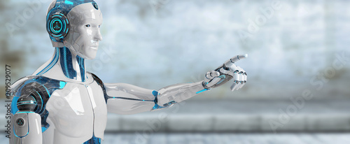 White male cyborg pointing his finger 3D rendering
