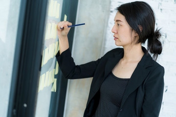 smart and strategist asian manager woman thinking and work in white office background business ideas concept