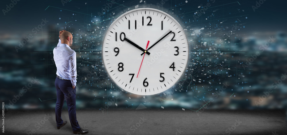 Poster man holding a clock timer 3d rendering