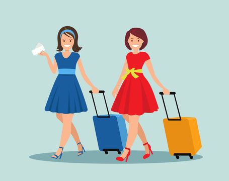 Two female friends with Luggage at the airport.