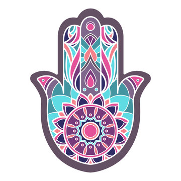 Lineless colorful hamsa hand in purple and green tones
