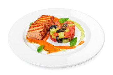 Grilled salmon fillet isolated on white.