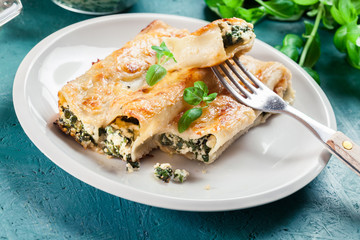 Portion of cannelloni stuffed with spinach