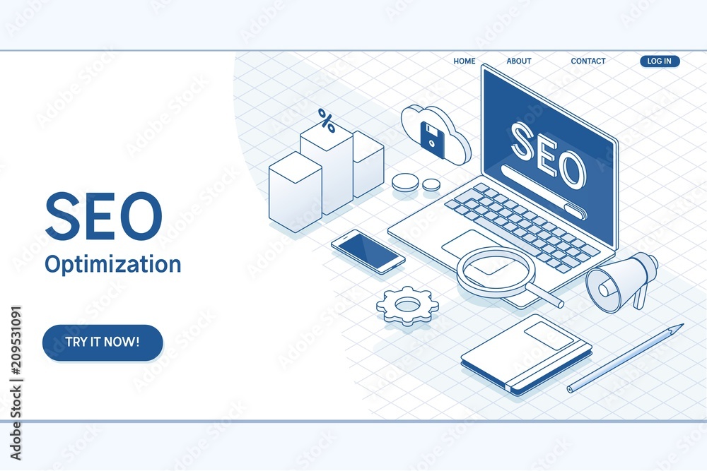 Poster seo optimization web page template.flat vector isometric concept