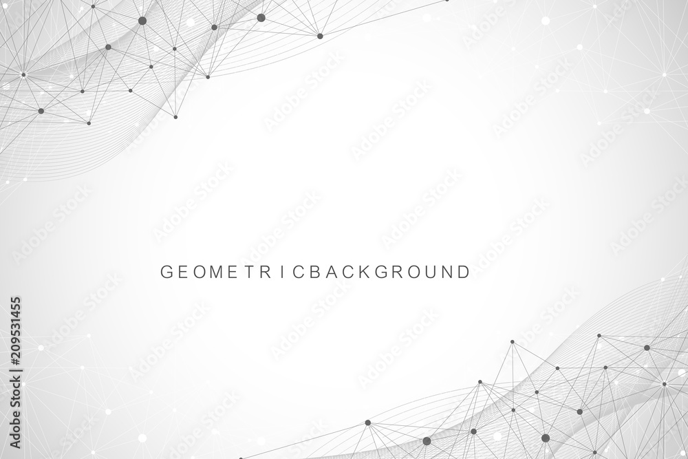 Poster Geometric graphic background molecule and communication. Big data complex with compounds. Perspective backdrop. Minimal array. Digital data visualization. Scientific cybernetic vector illustration.