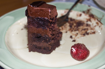 Remain Piece of Chocolate Cake on Ceramic Plate.Selective Focus