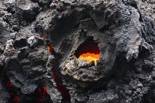 Close-up of a lava flow of volcano Kilauea on Hawaii