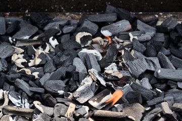 Top view of hot charcoal glowing in a grill pit. Abstract charcoal background