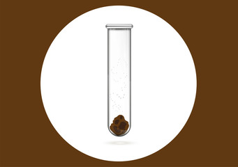 Medical test of feces in a test tube in a wite circle and brown background. Vector illustration