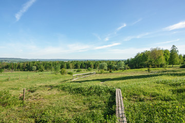 Fototapeta na wymiar Meadow landscape with a wooden footbridge