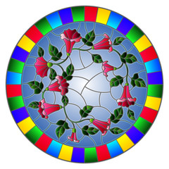 Illustration in stained glass style flowers loach, pink flowers and leaves on blue background,round picture in bright frame