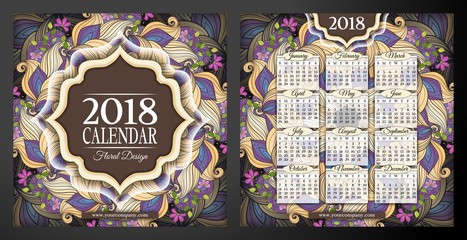 Colored 2018 Year Calendar Square Template, Double-sided. Beautiful Abstract Flowers, Elegant Feminine Design. Corporate Identity, Flyer, Poster. Vector Illustration. Clipping Mask, Editable