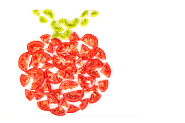 Tomato consisting of slices of tomato. The concept of a tomato consisting of elements. Isolated on white background. White inscription field.