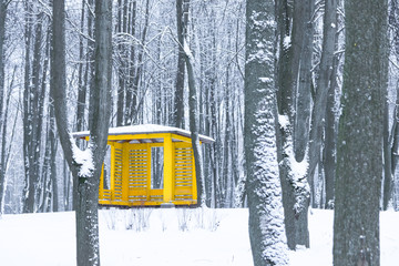Yellow garden house in winter