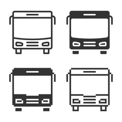 Monochromatic bus icon in different variants: line, solid, pixel, etc.