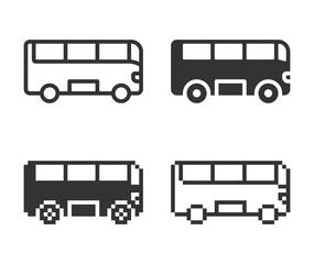 Monochromatic bus icon in different variants: line, solid, pixel, etc.