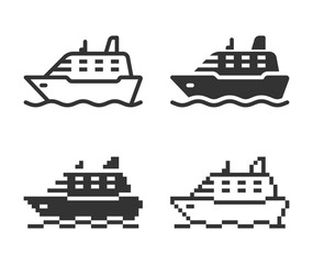 Monochromatic ship icon in different variants: line, solid, pixel, etc.