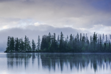 Nebel über Seeseite und Wald mit Wasserspiegelung