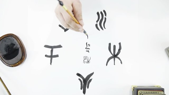 Drawing Chinese calligraphy element symbols top view close up 4K. Bird's eye top view of person hand with calligraphy brush drawing Chinese symbols on white surface. "Fire", "Earth", "Metal", "Water",