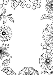 hand drawn floral frame in doodle style with flowers and leaves