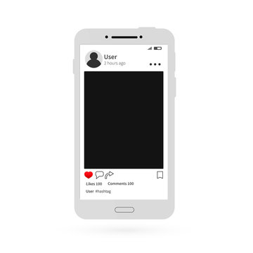 Social media photo frame template. Mobile phone isolated on white. Application interface mockup. Sharing post on social network framework vector illustration.
