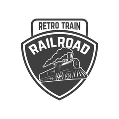 Emblem template with vintage train. Design element for logo, sign, label.
