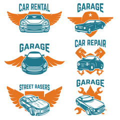 Car repair, garage, auto service emblems. Design elements for logo, label, sign.