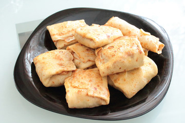Pancakes with filling. Pancakes with meat. Russia. Close-up.