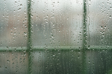 rain drops on a window with fence