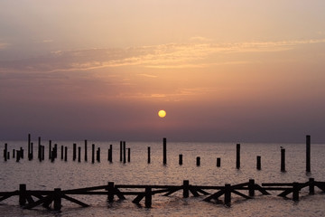 Obraz premium Sunrise on the sea. Wooden piles of destroyed pier sticking out of the water. Morning sun rays. Red sea, Safaga, Egypt.