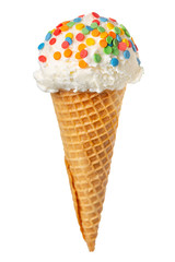 wafer cone with white scoop of ice cream and colorful sprinkles isolated on white background, summer concept