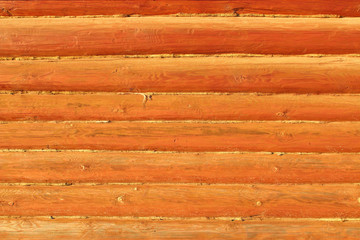 The wall of the house is made of new logs with a protective layer. Close-up. Background. Texture.