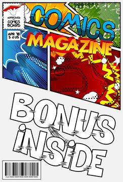 Editable comic book cover with abstract background.