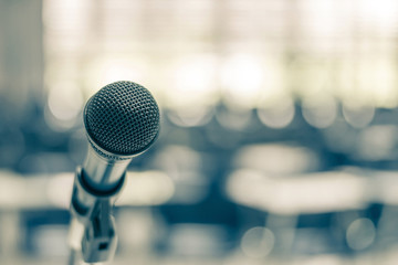 Microphone voice speaker in school lecture hall, seminar meeting room or educational business...