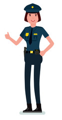 Smiling young police woman in uniform shows you thumb up. Vector cartoon flat design illustration isolated on white background.