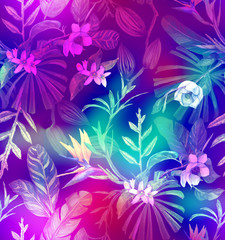 Fototapeta na wymiar Tropical design for fashion: exotic leaves and orchid flowers in neon light. Seamless pattern. Watercolor