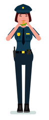 Police woman eating a Burger. Vector cartoon flat design illustration isolated on white background.