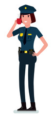 Happy female police officer with coffee cup. Vector flat cartoon design illustration isolated on white background.