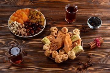 Turkish sweet baklava on plate with Turkish tea. 