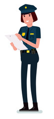Female police officer with digital tablet against white background. Vector cartoon flat design illustration isolated on white background.