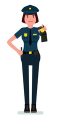 Female police officer shows token. Vector cartoon flat design illustration isolated on white background.