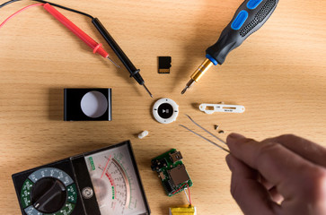Flatlay repair mp3 player on the table