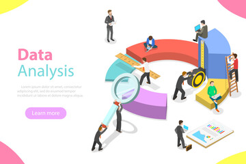 Flat isometric vector concept business statistics and analytics, audit report, company performance analysis. - obrazy, fototapety, plakaty