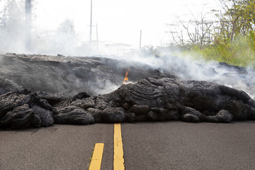Highway in Hawaii, which was destroyed by a lava flow - 209544434