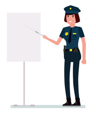 Caucasian police woman in uniform holding a pointer. Vector cartoon flat design illustration isolated on white background.