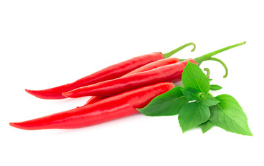 Closeup red chili pepper with sliced on white background, raw food ingredient concept