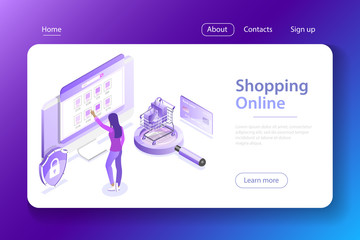 Flat isometric vector concept of online shopping, e-commerce, mobile payment.