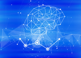 human brain of triangles, lines & dots located on a blue technological background - conceptual illustration symbolizing artificial intelligence & modern biotechnology & HUD interface