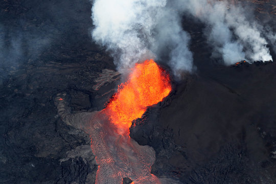 Aerial view of the volcanic eruption of volcano Kilauea, Fissure 8, May 2018