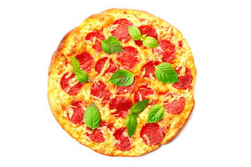 Pepperoni pizza with basil leaves on white